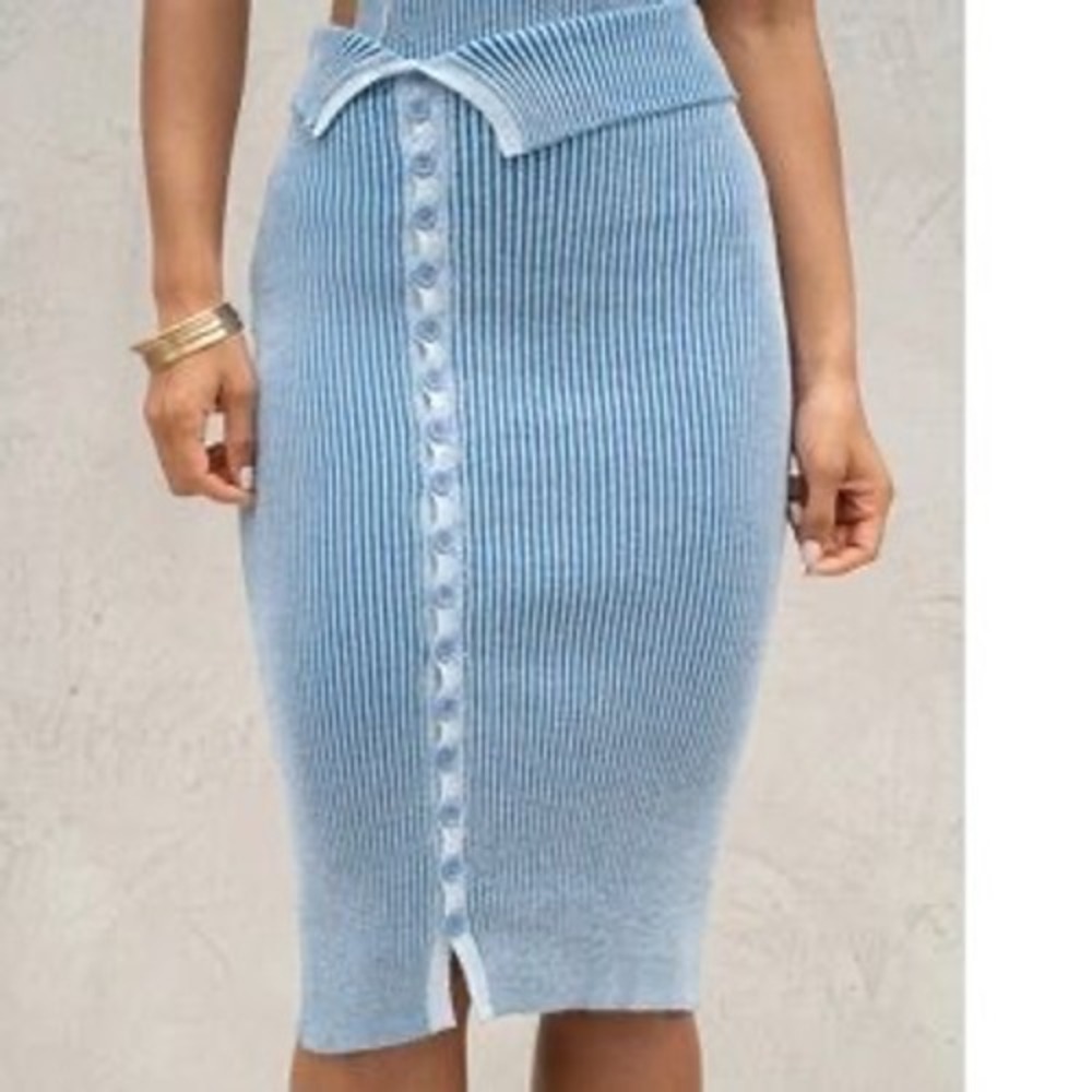 JLUXLABEL Light Blue Ribbed Knit Button Front Midi Skirt Sz Large